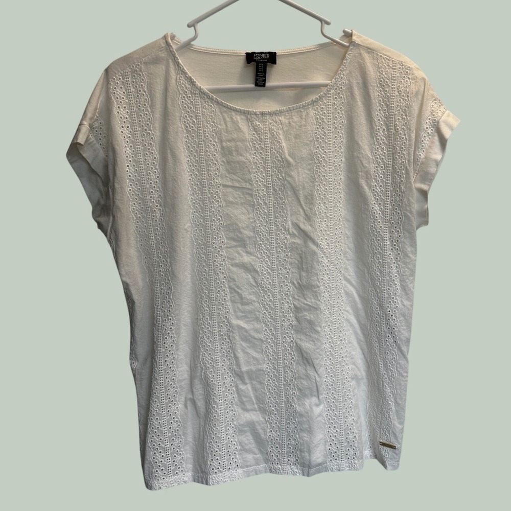 Jones New York Signature White Eyelet Lace Front Top Short Sleeve Blouse Large